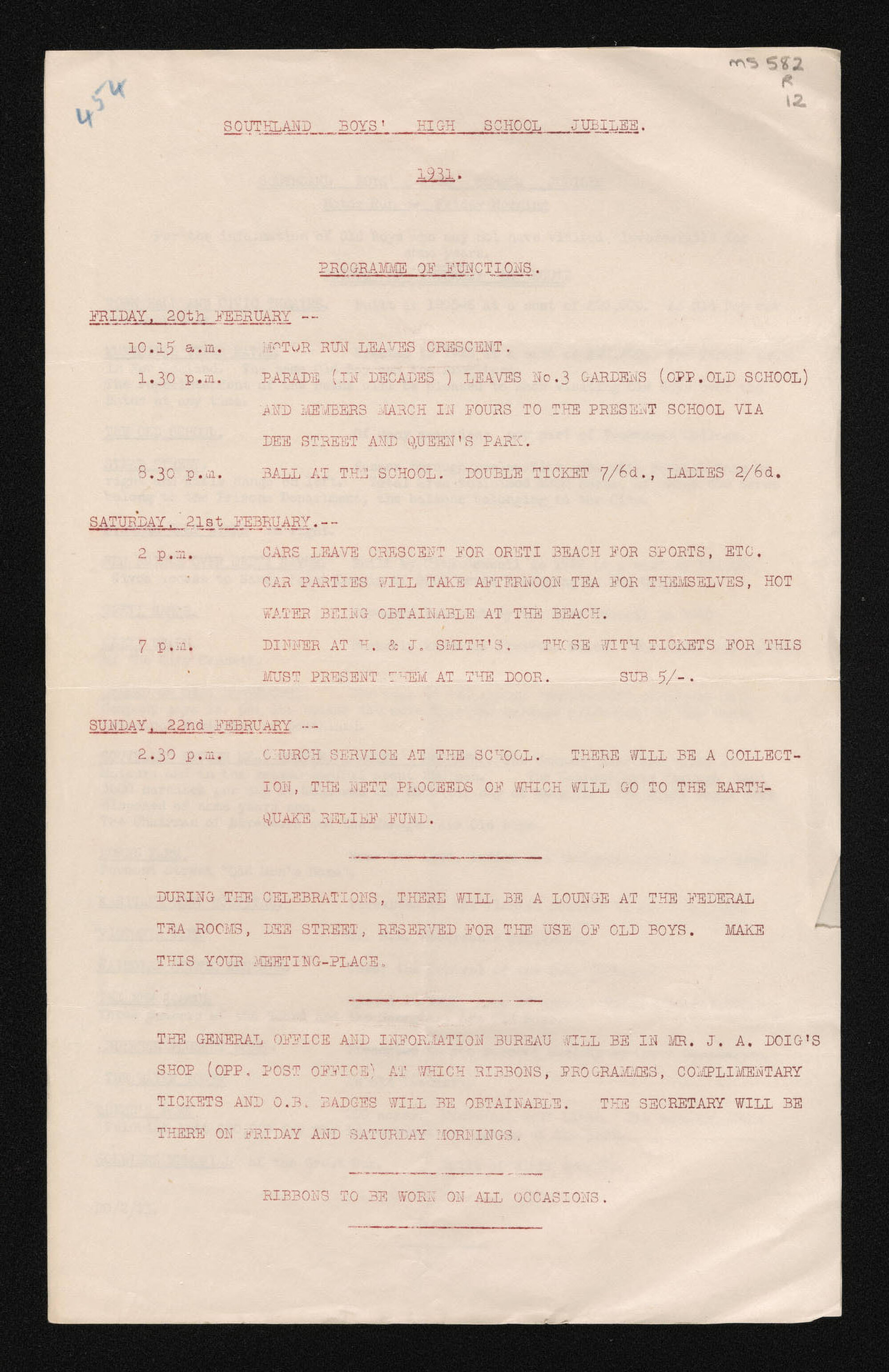 Southland Boys' High School Jubilee ephemera, 1931