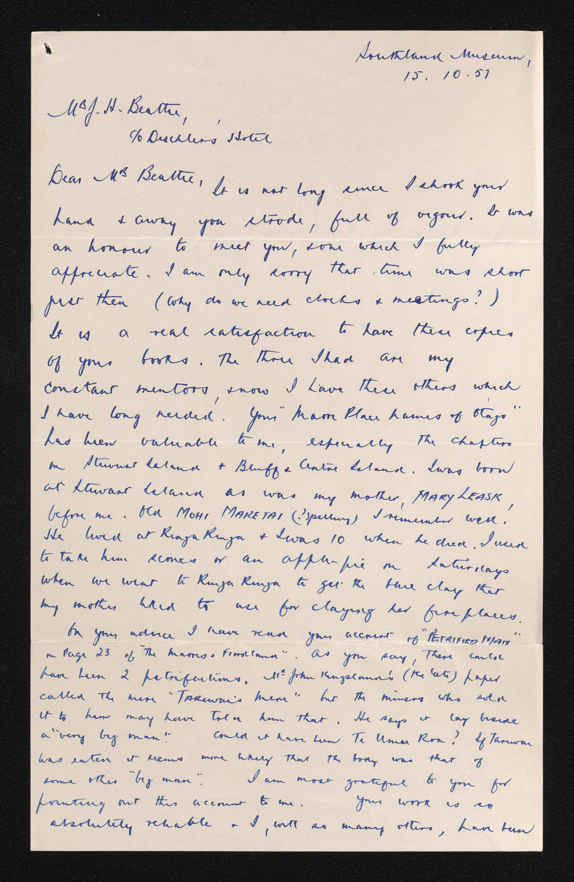 Letter, 15 October 1957, from Olga Sansom, to Herries Beattie