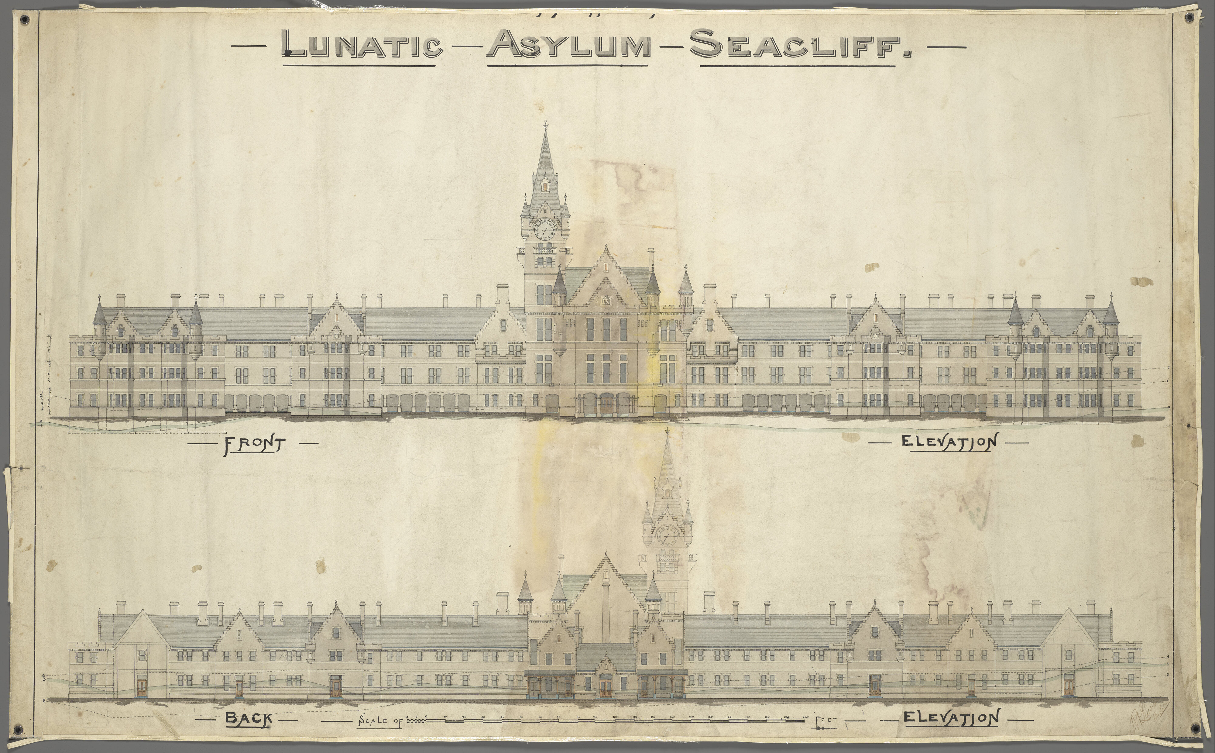 Front and back elevations, 'Lunatic Asylum Seacliff'