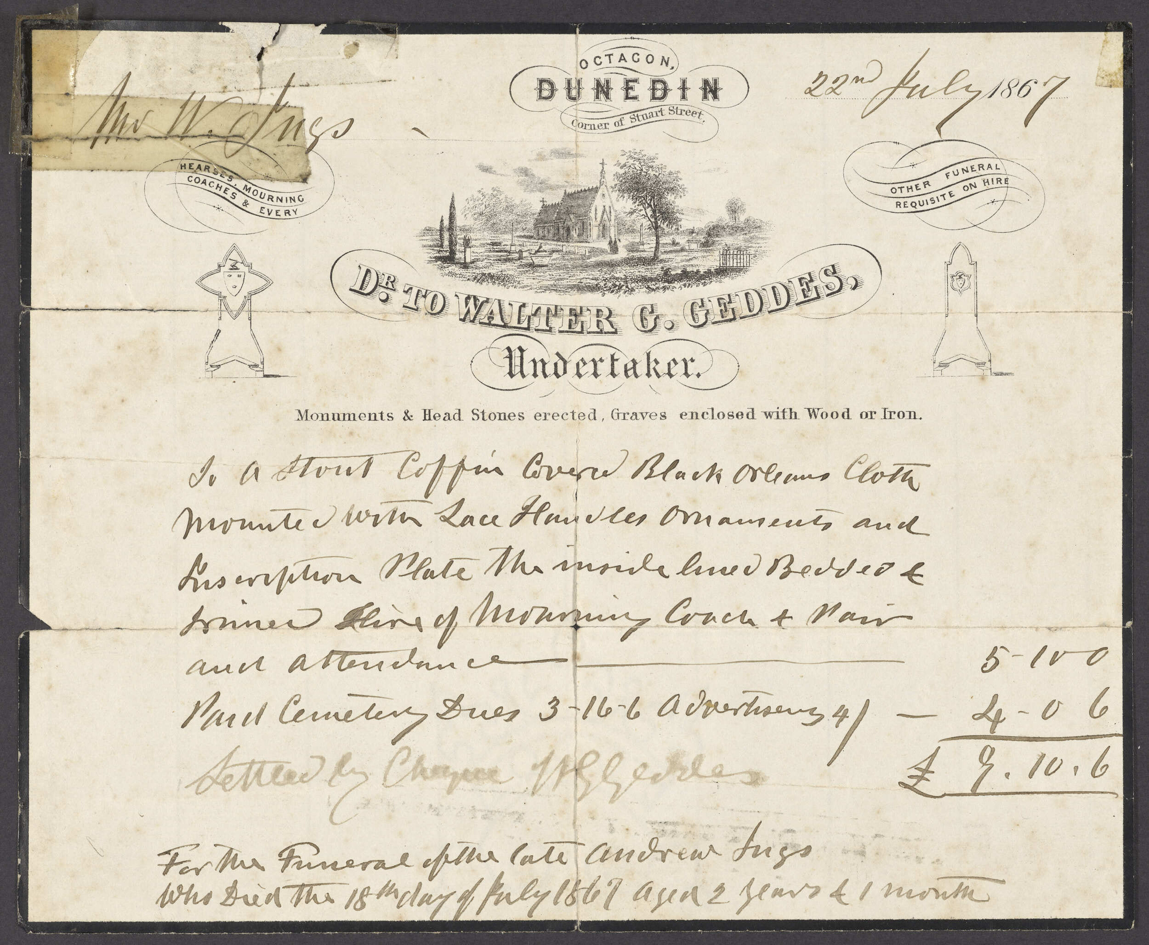 Walter G. Geddes (undertaker) receipt on billhead