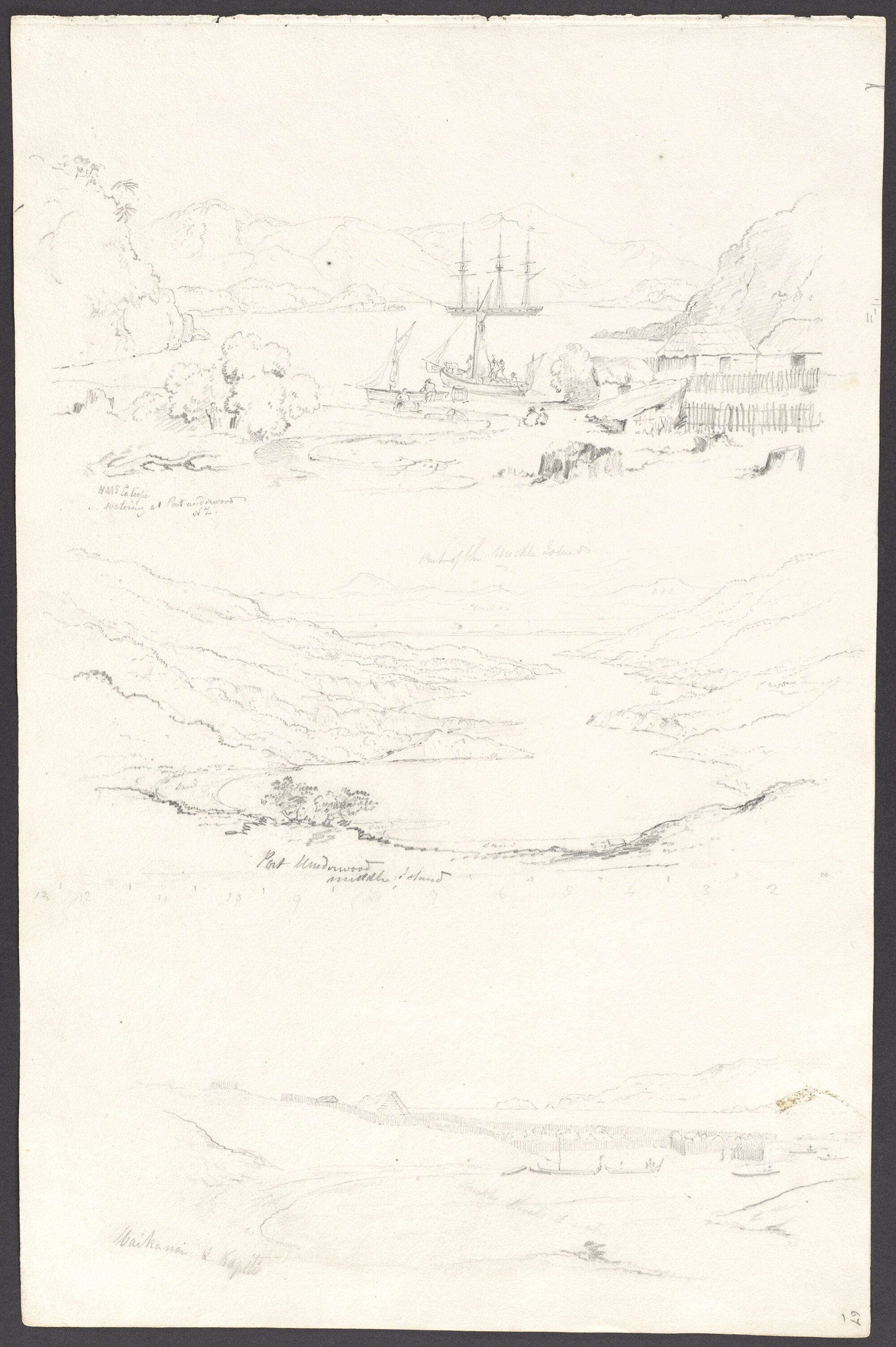 H.M.S. Calliope watering at Port Underwood New Zealand. Port Underwood middle Island. Waikanae and Kapiti