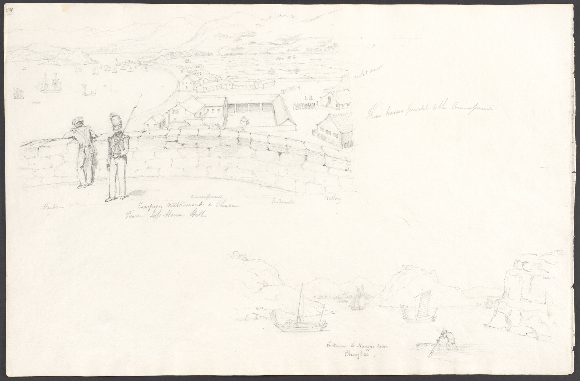 European Cantonment at Chusan from Joss House Hill. Entrance to Nungpo River Chinghae