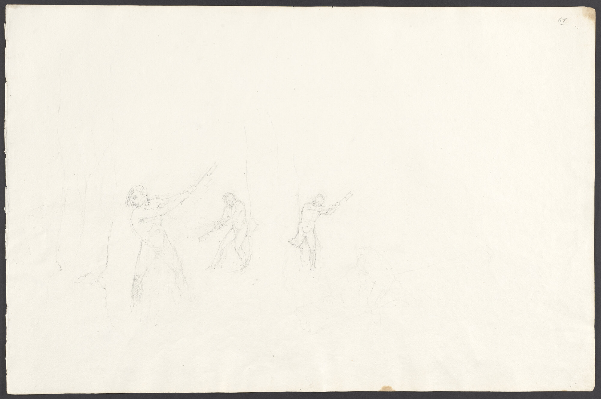[Sketches of figures cutting trees]
