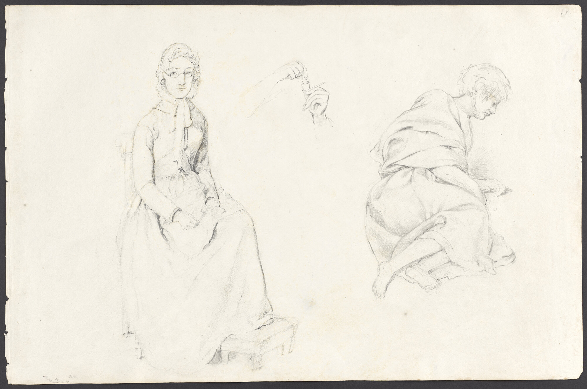 [Study of a woman. Study of a Maori man. Detail of filling a pipe]
