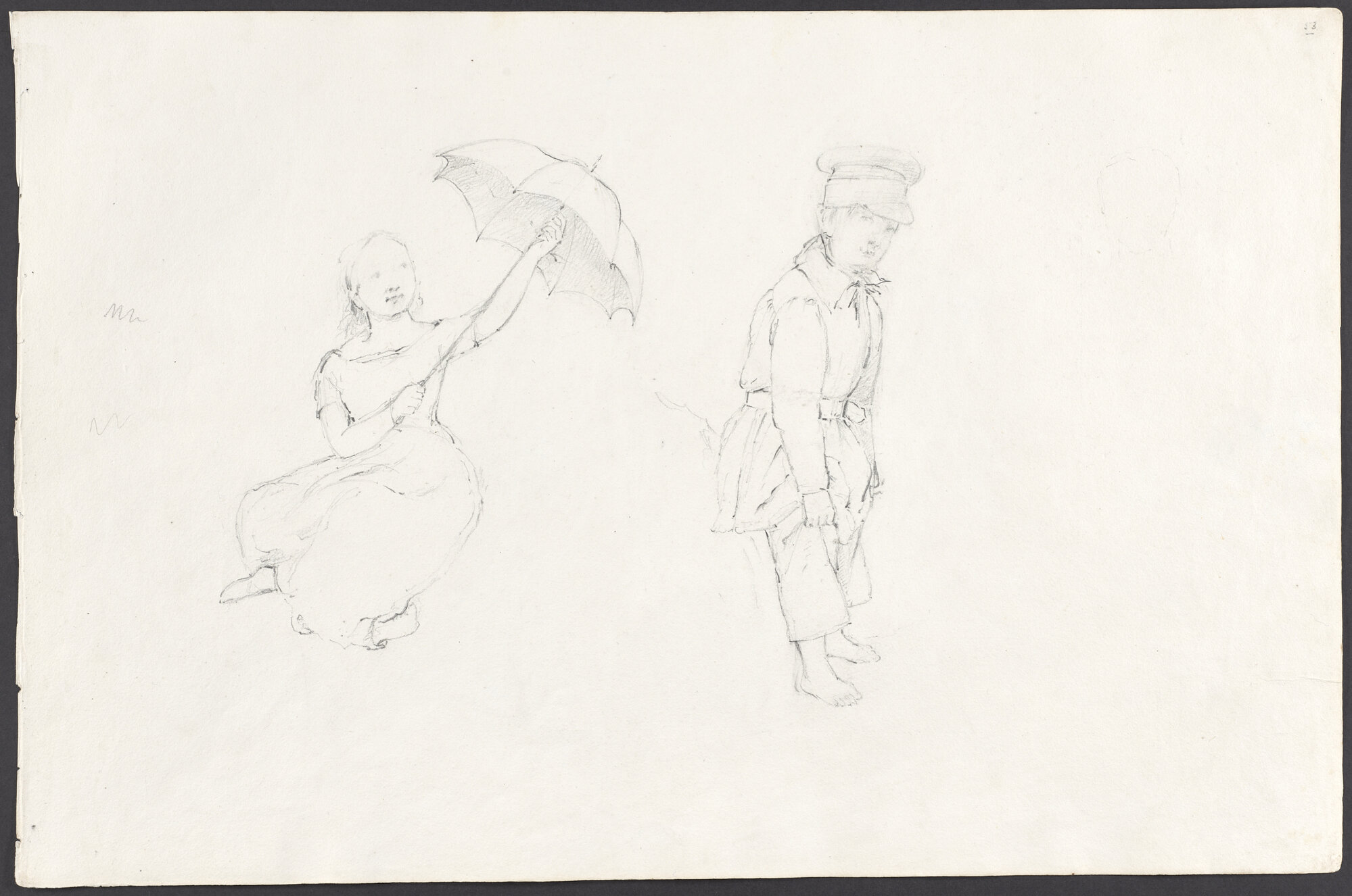 [Study of girl with umbrella. Study of boy with cap]