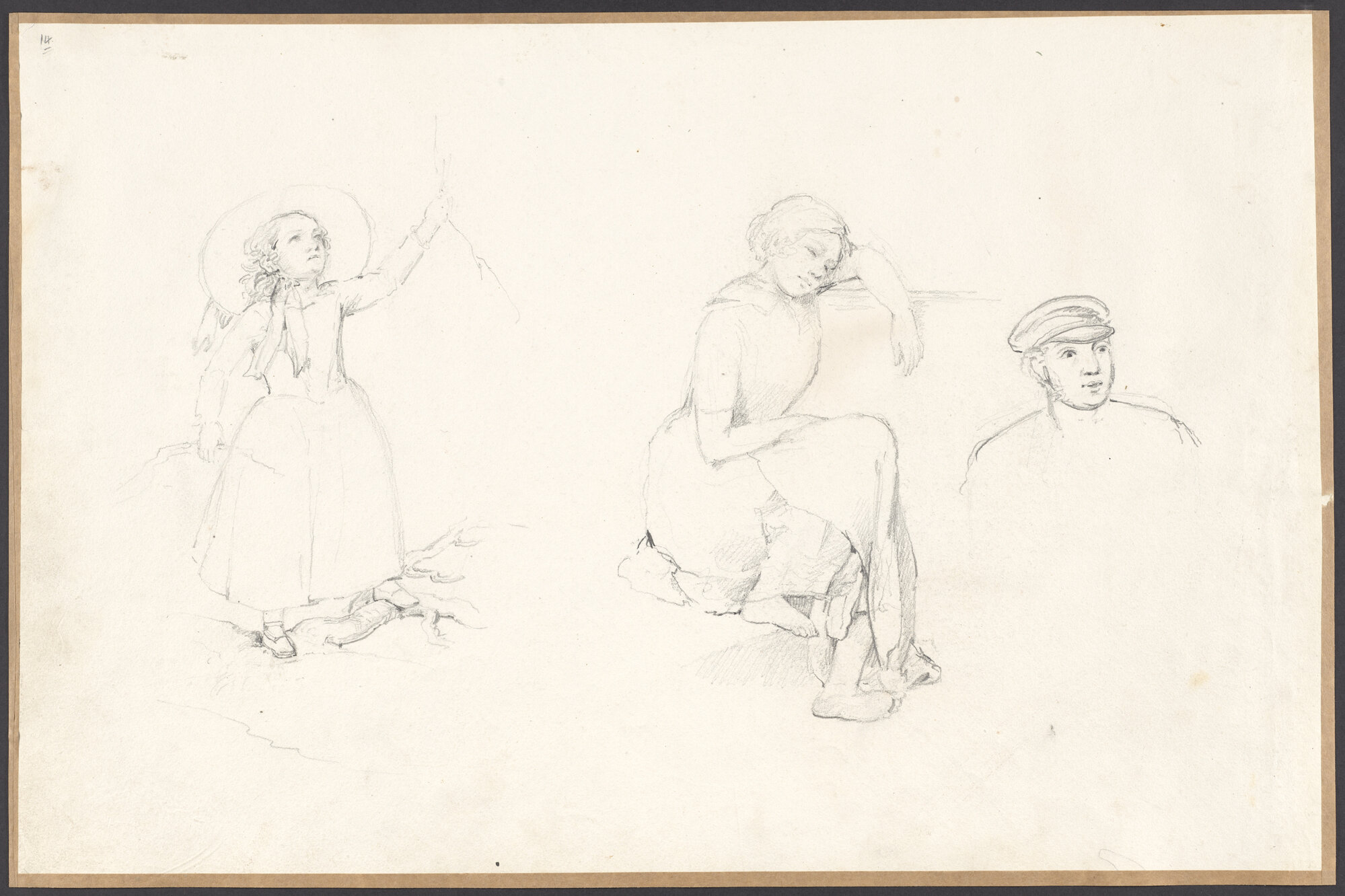 Two sketches of of European girls and a man wearing a hat