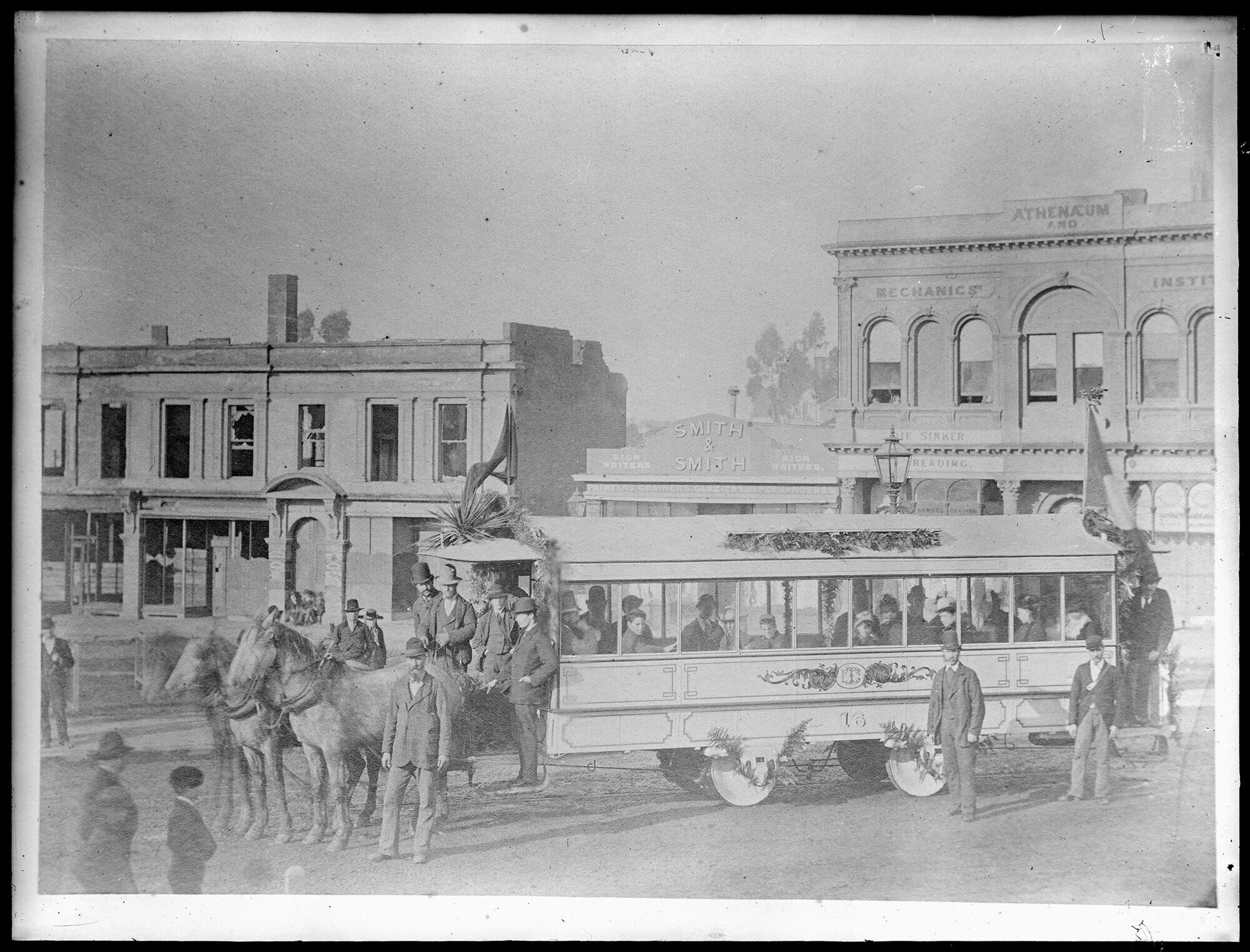 Decorated horse-drawn tram in the Octagon