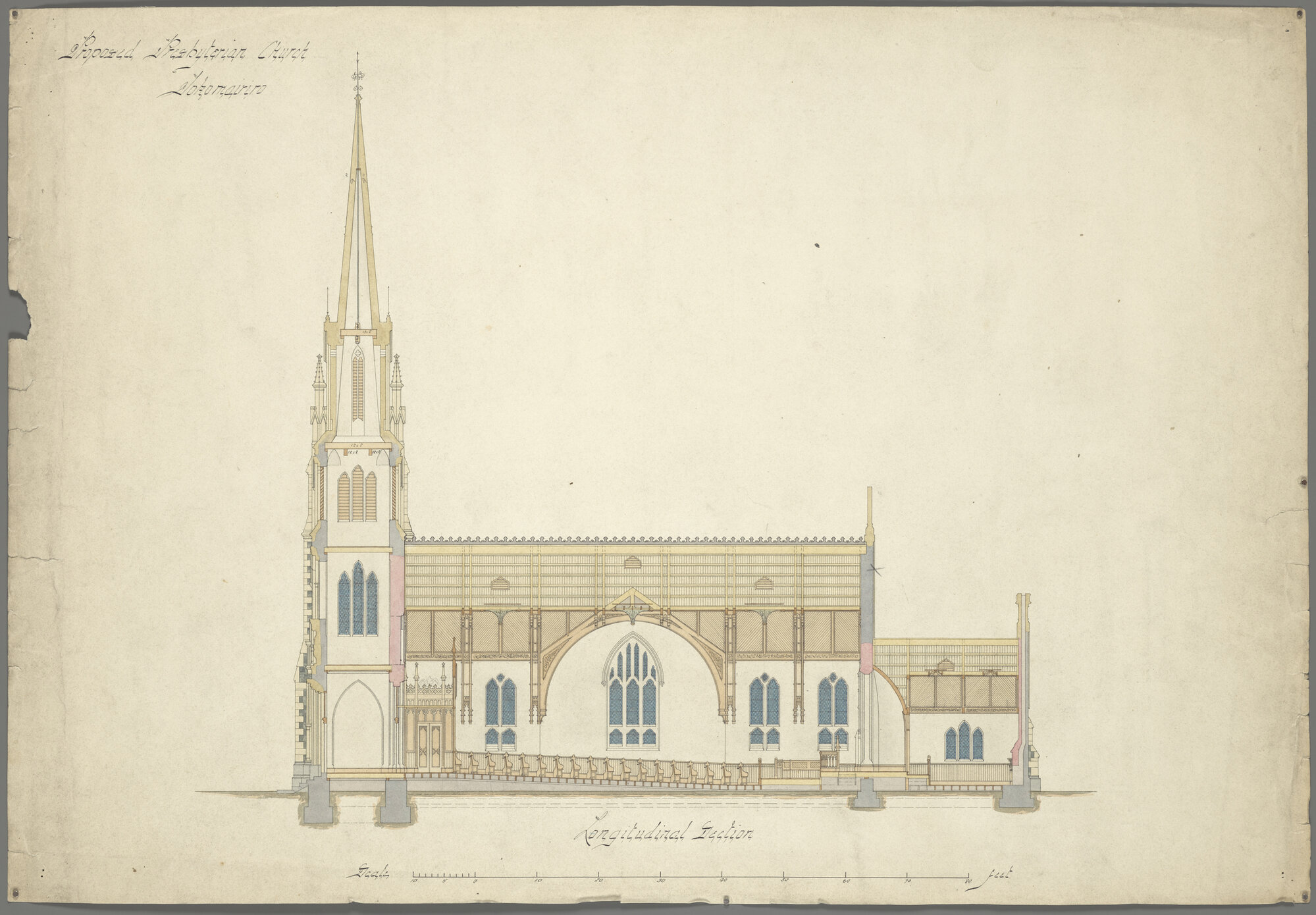 Tokomairiro Presbyterian Church, plan for church building, longitudinal section