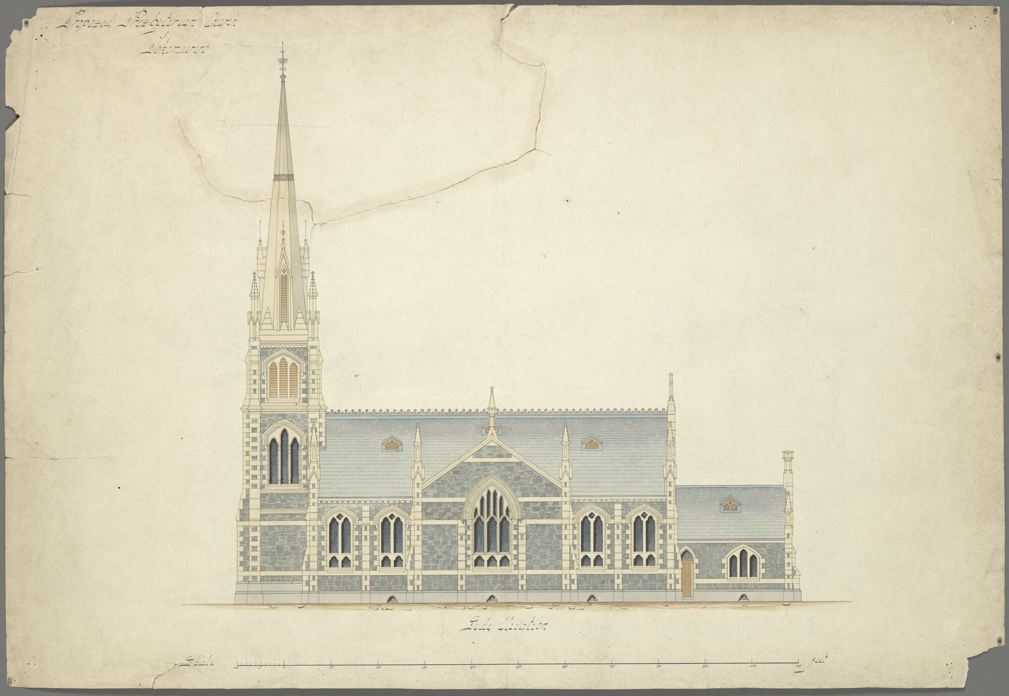 Tokomairiro Presbyterian Church, plan for church building, side elevation