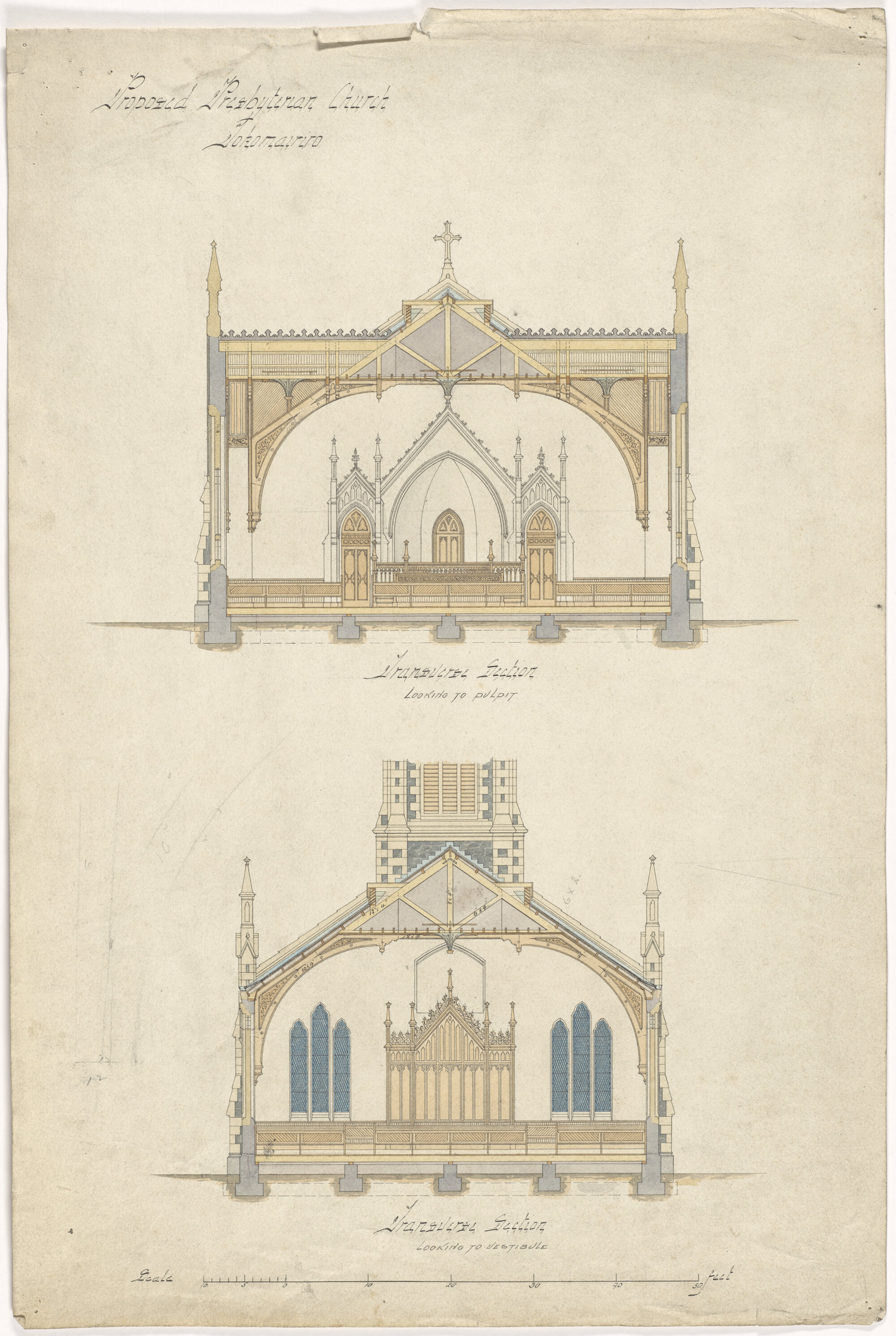 Tokomairiro Presbyterian Church, plan for church building, transverse sections