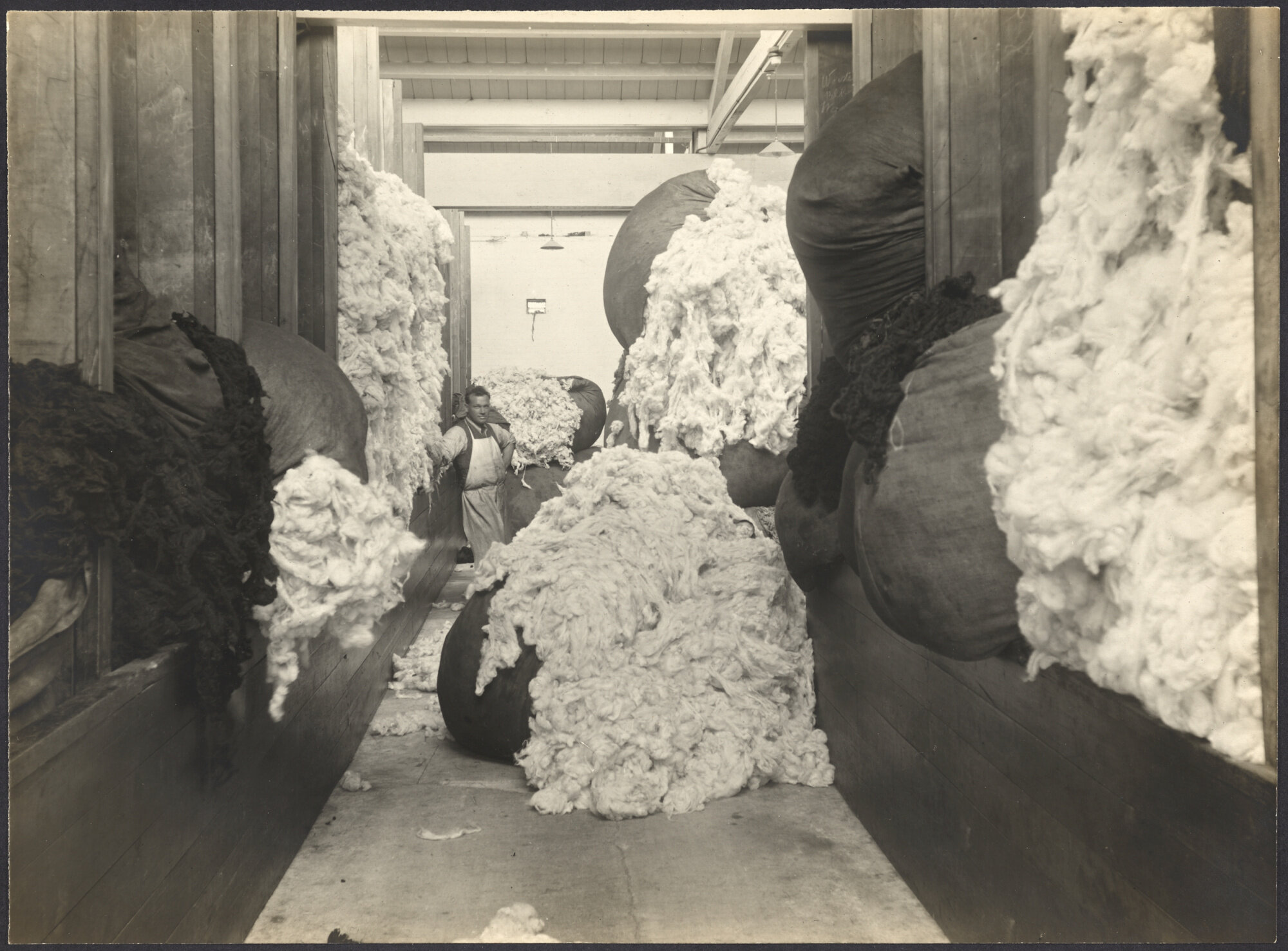 Bales of washed white and dark fleece with worker