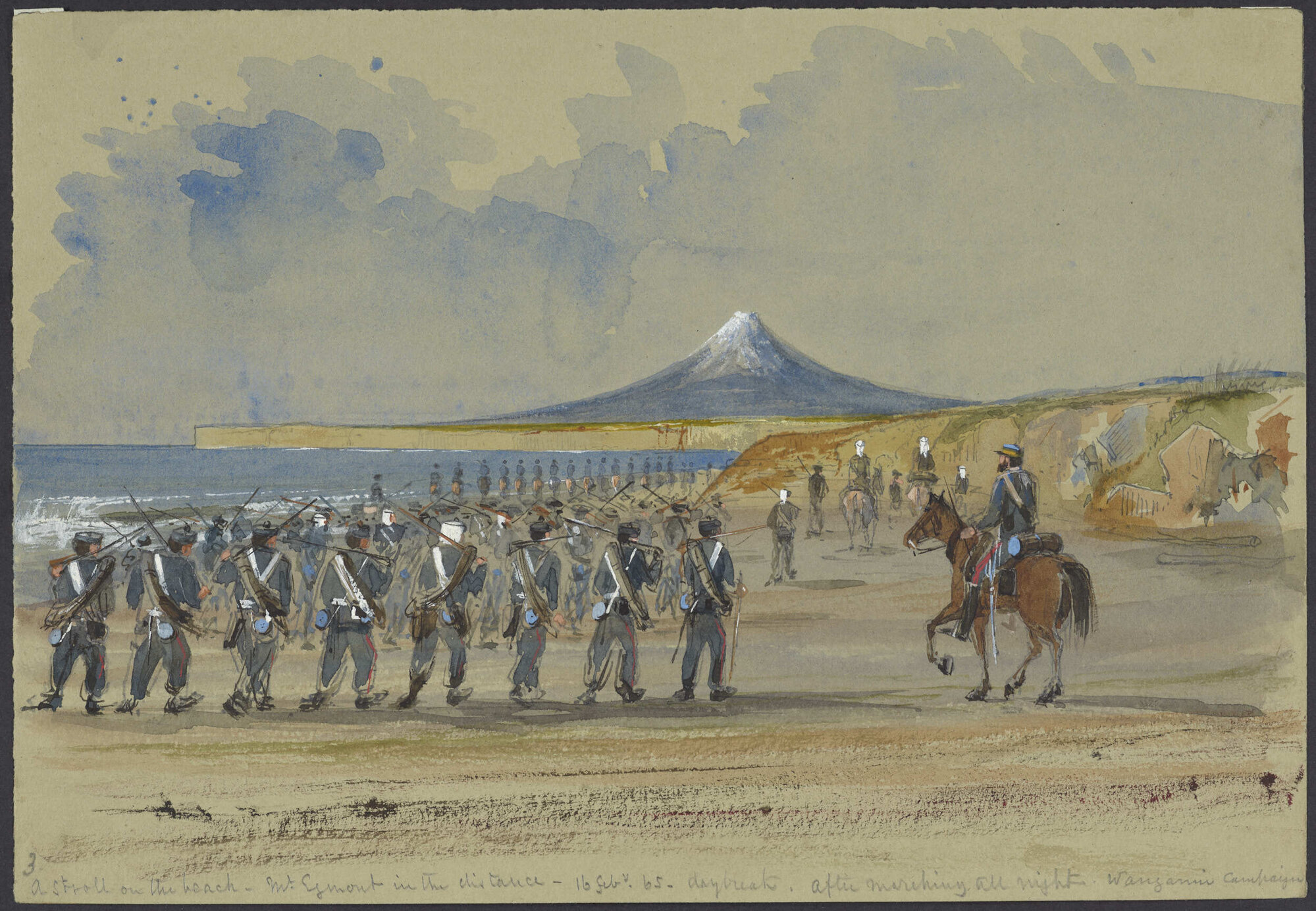 A stroll on the beach - Mount Egmont in the distance - 16 Feb.y 65 - daybreak. After marching all night. Wanganui Campaign