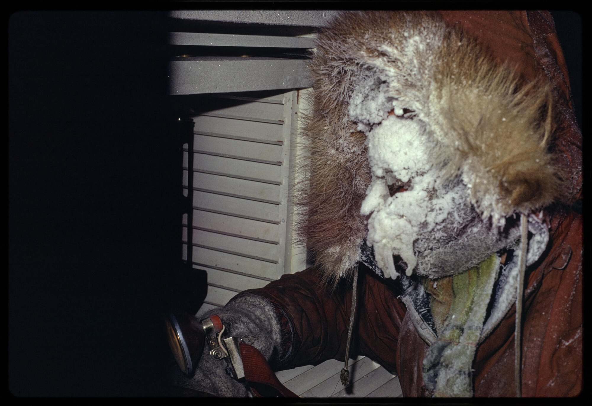 Lowe on return from an eight hour winter moonlight climb to the Asgaard hut with Bromley