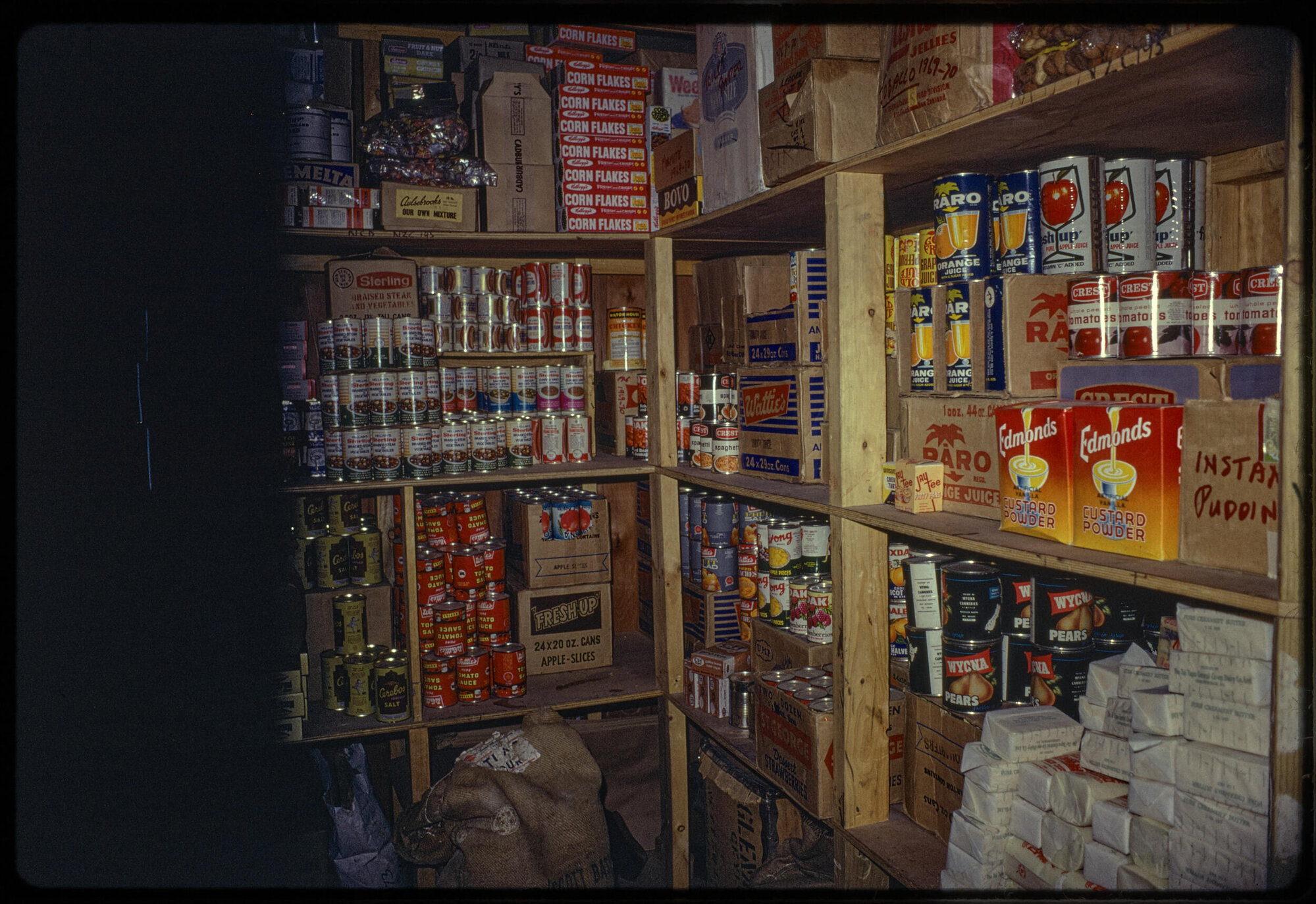 Full shelves in the food store hut