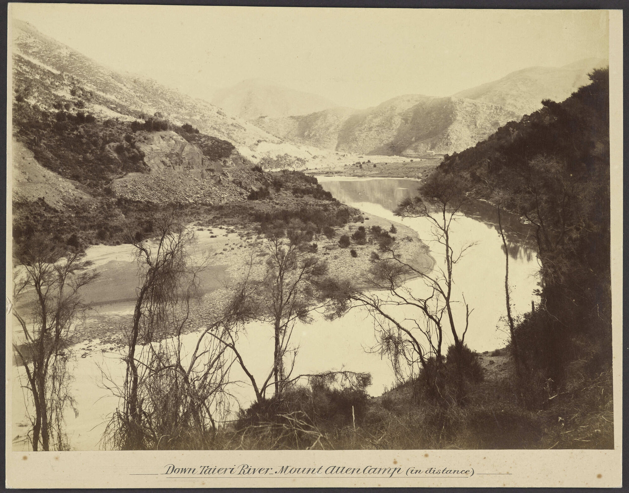 Down Taieri River, Mount Allen Camp (in distance)