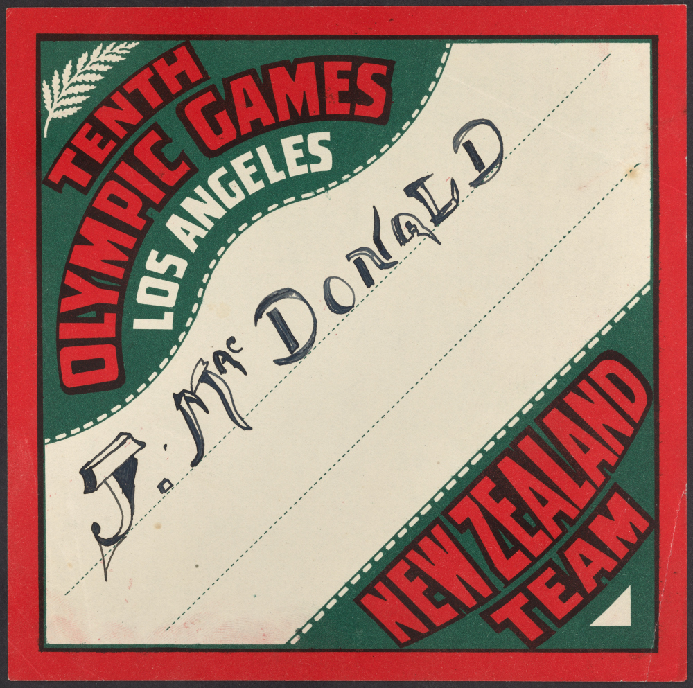 Jack Macdonald's luggage label, Tenth Olympic Games, Los Angeles, New Zealand Team