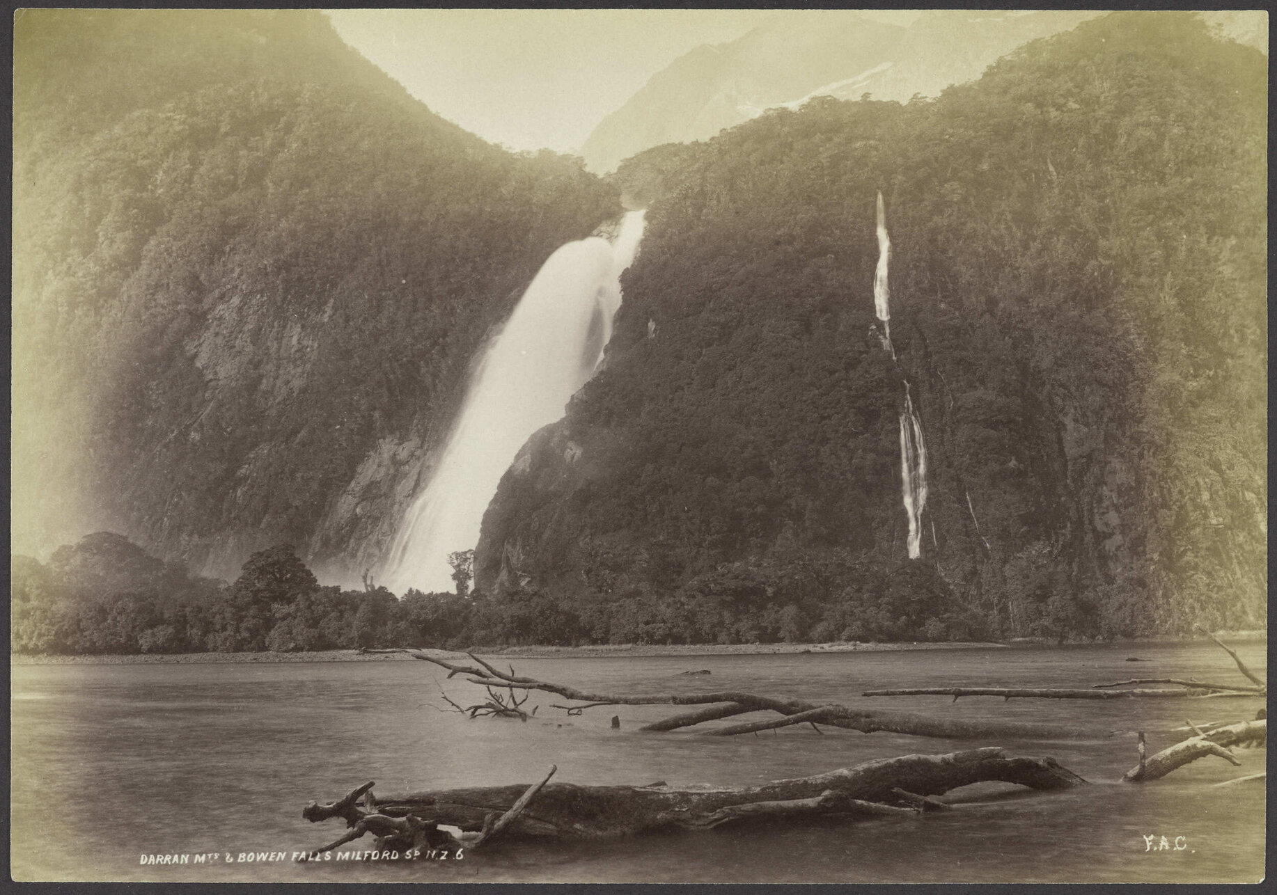 Darran Mountains and Bowen Falls, Milford Sound N.Z.
