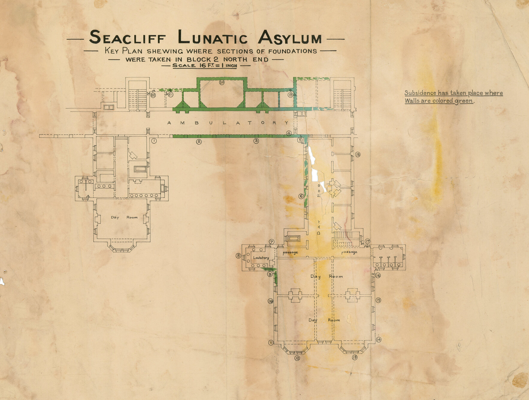 Seacliff Lunatic Asylum, Key Plan shewing where sections of foundations were taken in block 2 north end