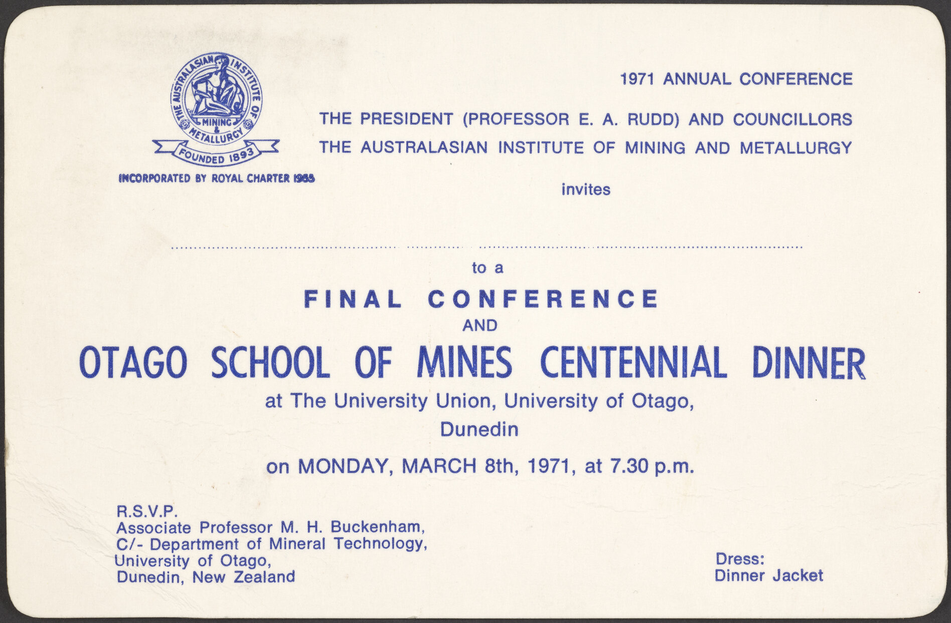 Australasian Institute of Mining and Metallurgy final conference and Otago School of Mines Centennial Dinner invitation