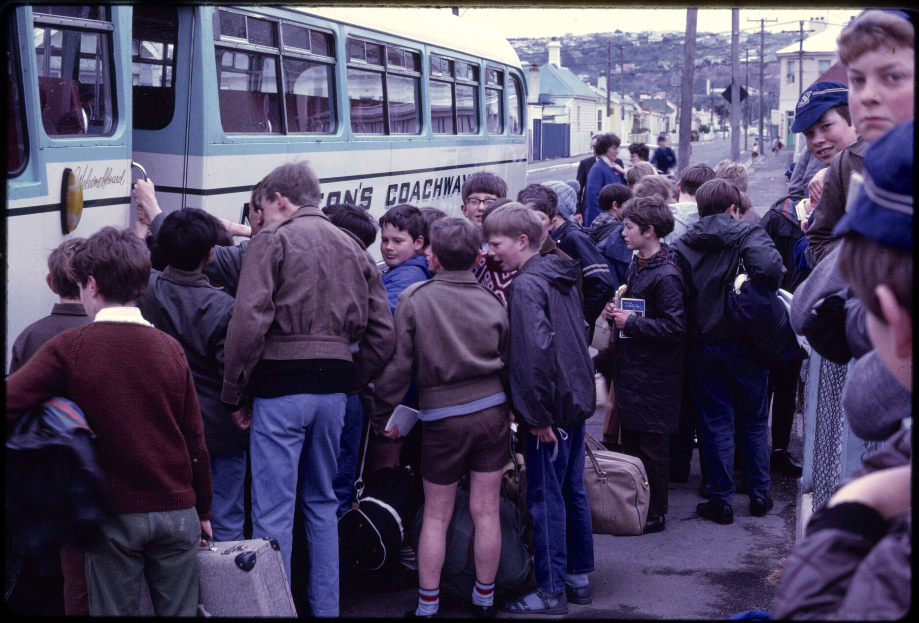 Boys about to board Newton's coach on Melbourne Street