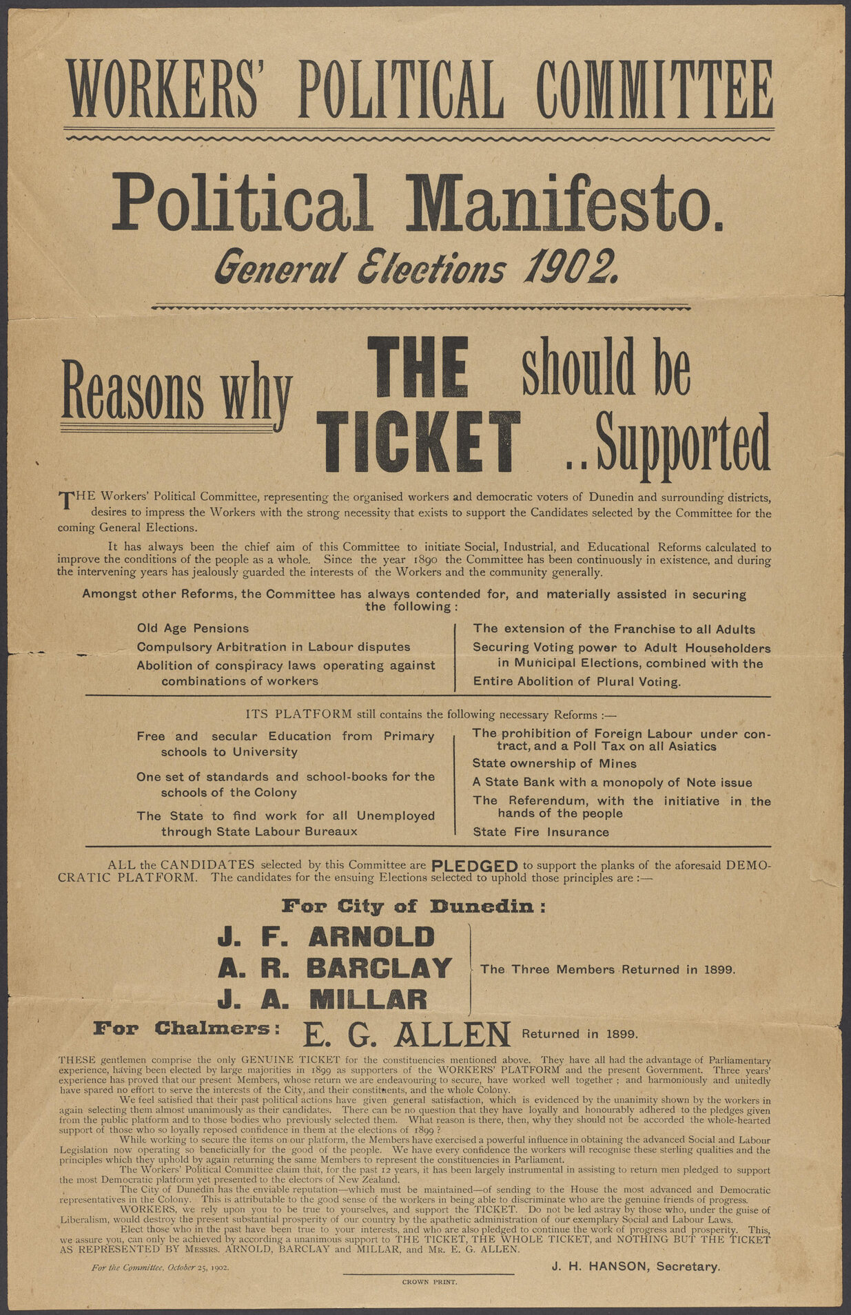 "Workers' Political Committee Political Manifesto. General Elections 1902. Reasons why The Ticket should be .. Supported"