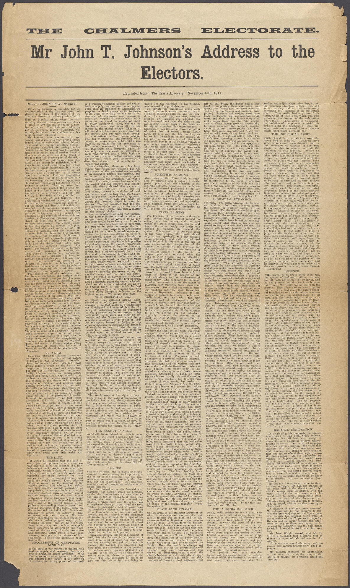 "The Chalmers Electorate. Mr John T. Johnston's Address to the Electors. Reprinted from "The Taieri Advocate," November 15th, 1911."