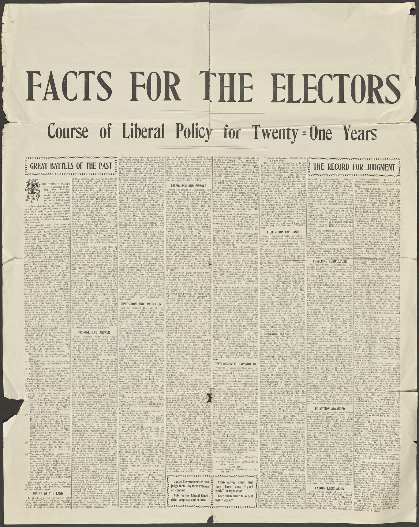 "Facts for the Electors Course of Liberal Policy for Twenty=One Years"