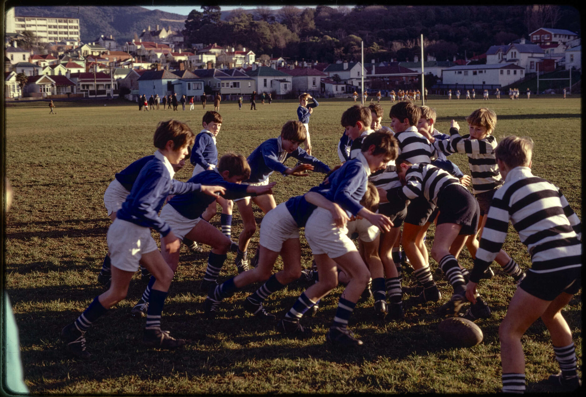 Boys playing rugby at Logan Park