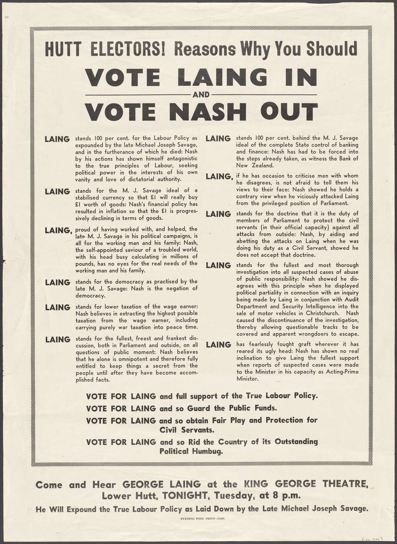 "Hutt Electors! Reasons Why You Should Vote Laing In and Vote Nash Out"