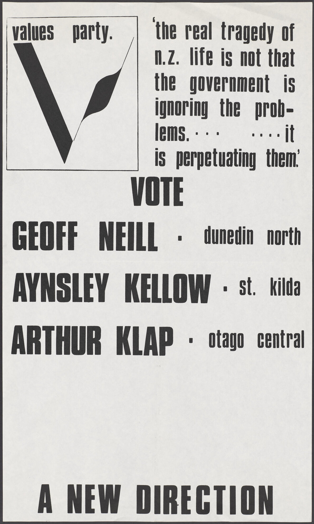 "values party. 'the real tragedy of n.z. life is not that the government is ignoring the problems. ...  ....it is perpetuating them.' "