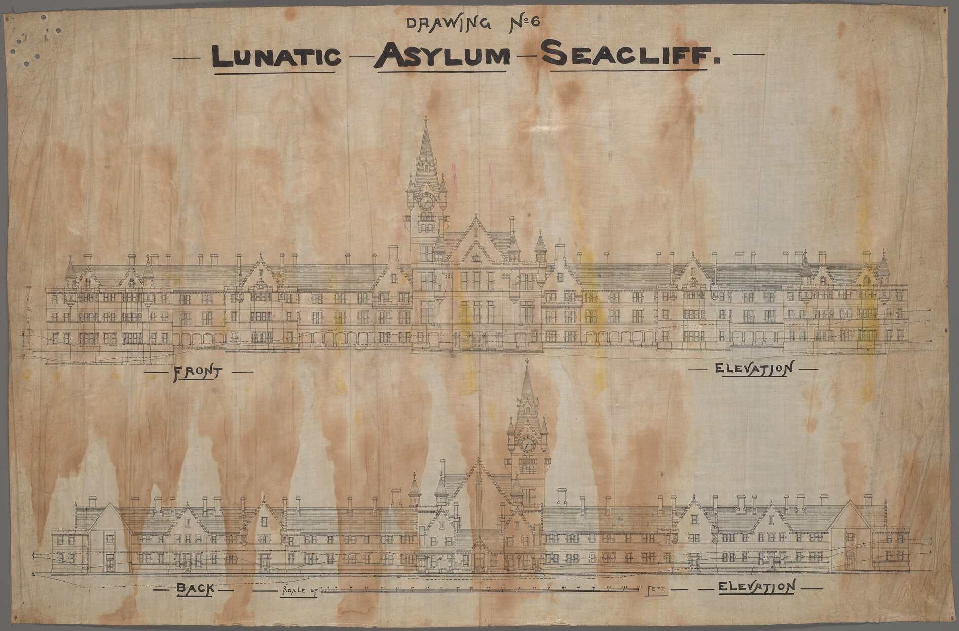Front and back elevations, 'Drawing No.6, Lunatic Asylum Seacliff'