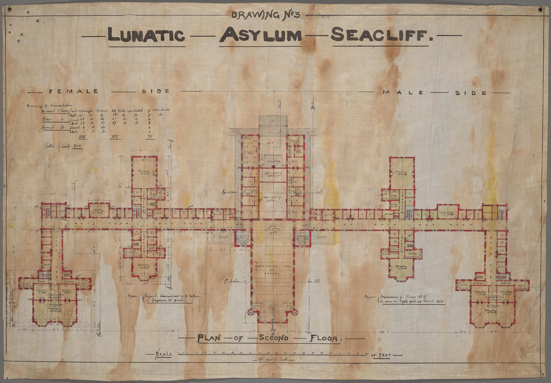 Plan of Second Floor, 'Drawing No.3 Lunatic Asylum Seacliff'