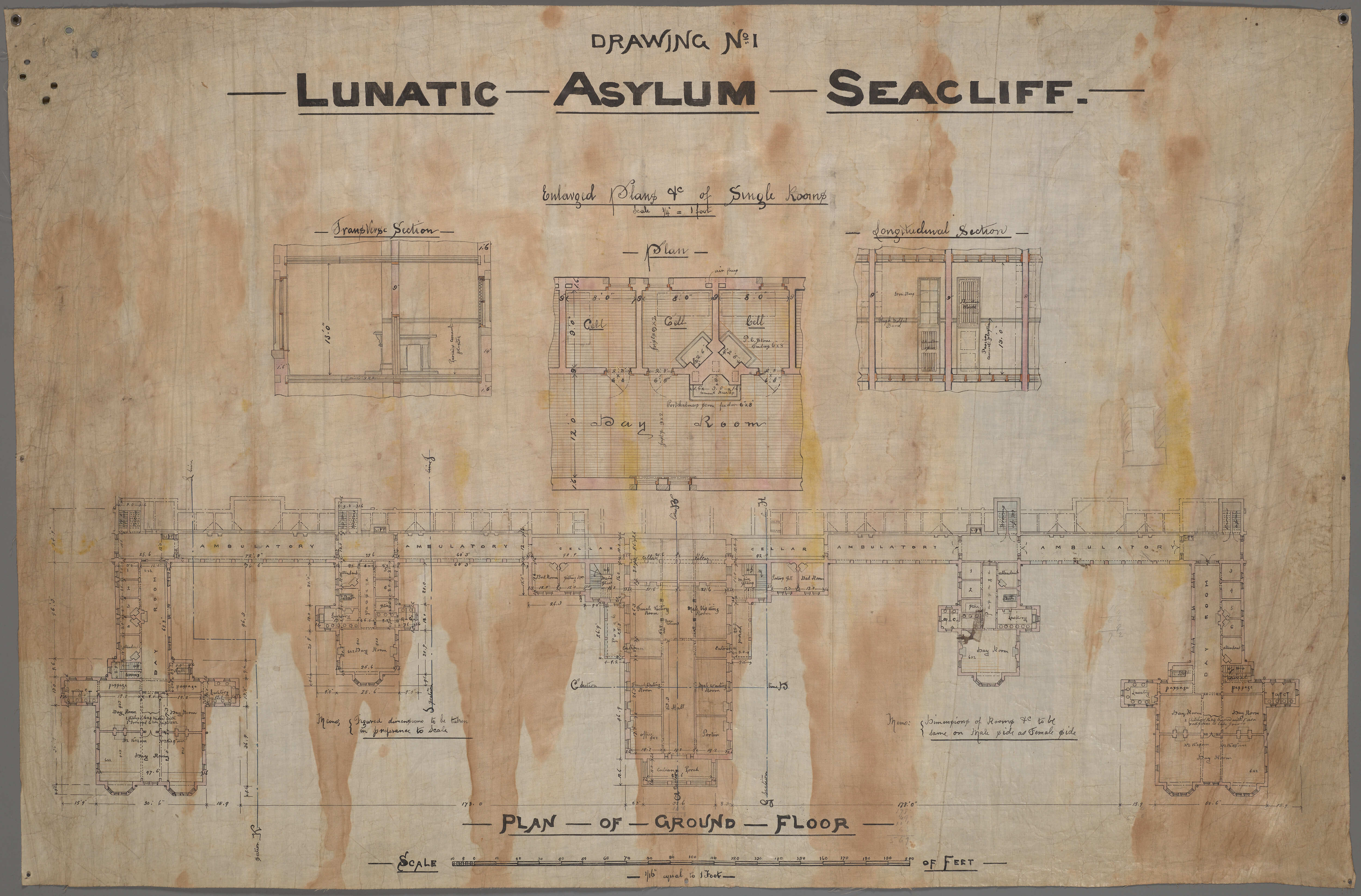 Plan of Ground Floor, 'Drawing No.1, Lunatic Asylum Seacliff'
