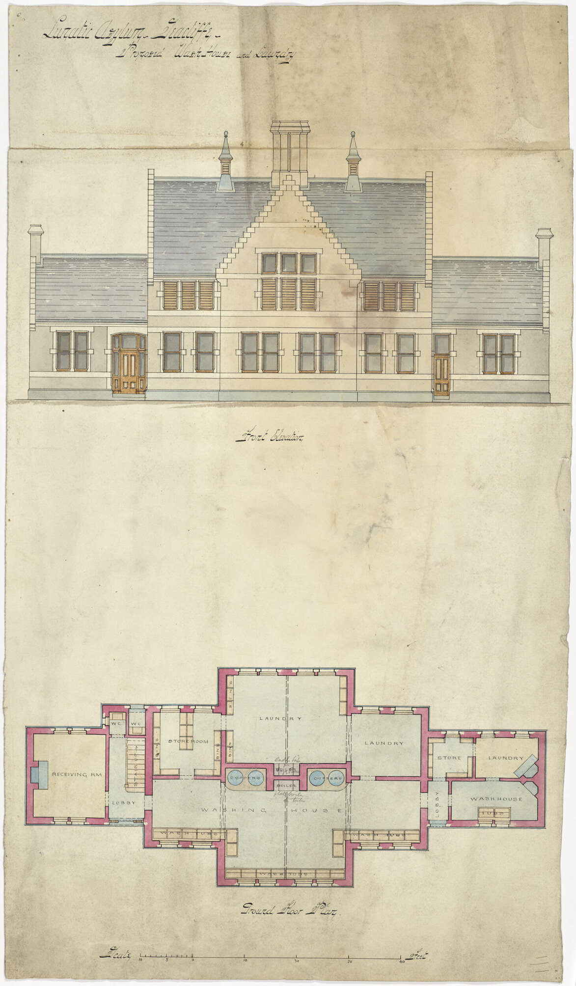 Front elevation and general floor plan for proposed laundry building, Seacliff