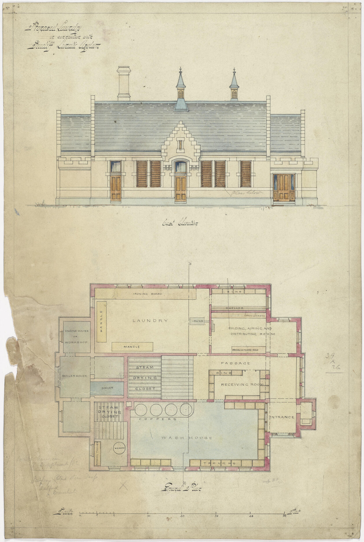 East elevation and ground plan for proposed laundry building, Seacliff