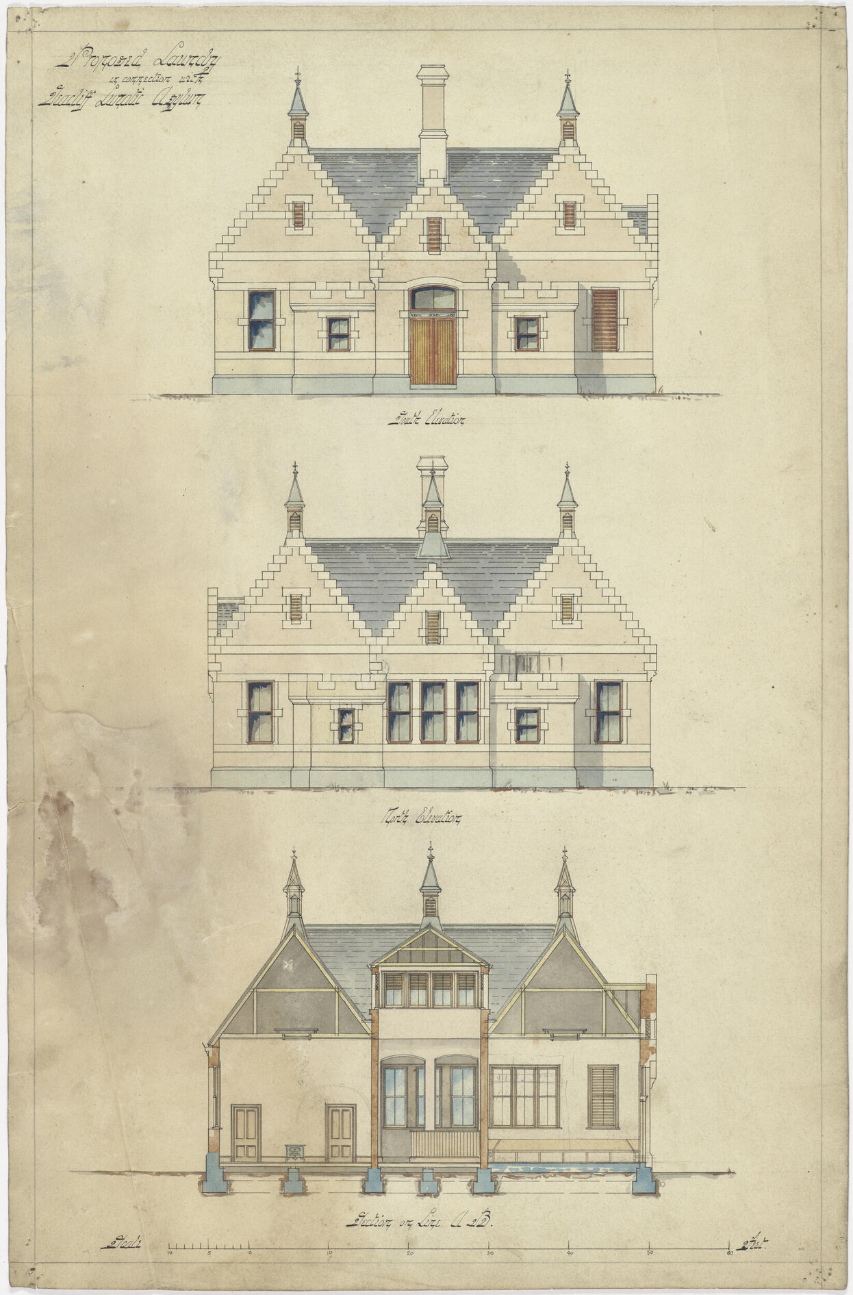 Elevations and section plan for proposed laundry building, Seacliff