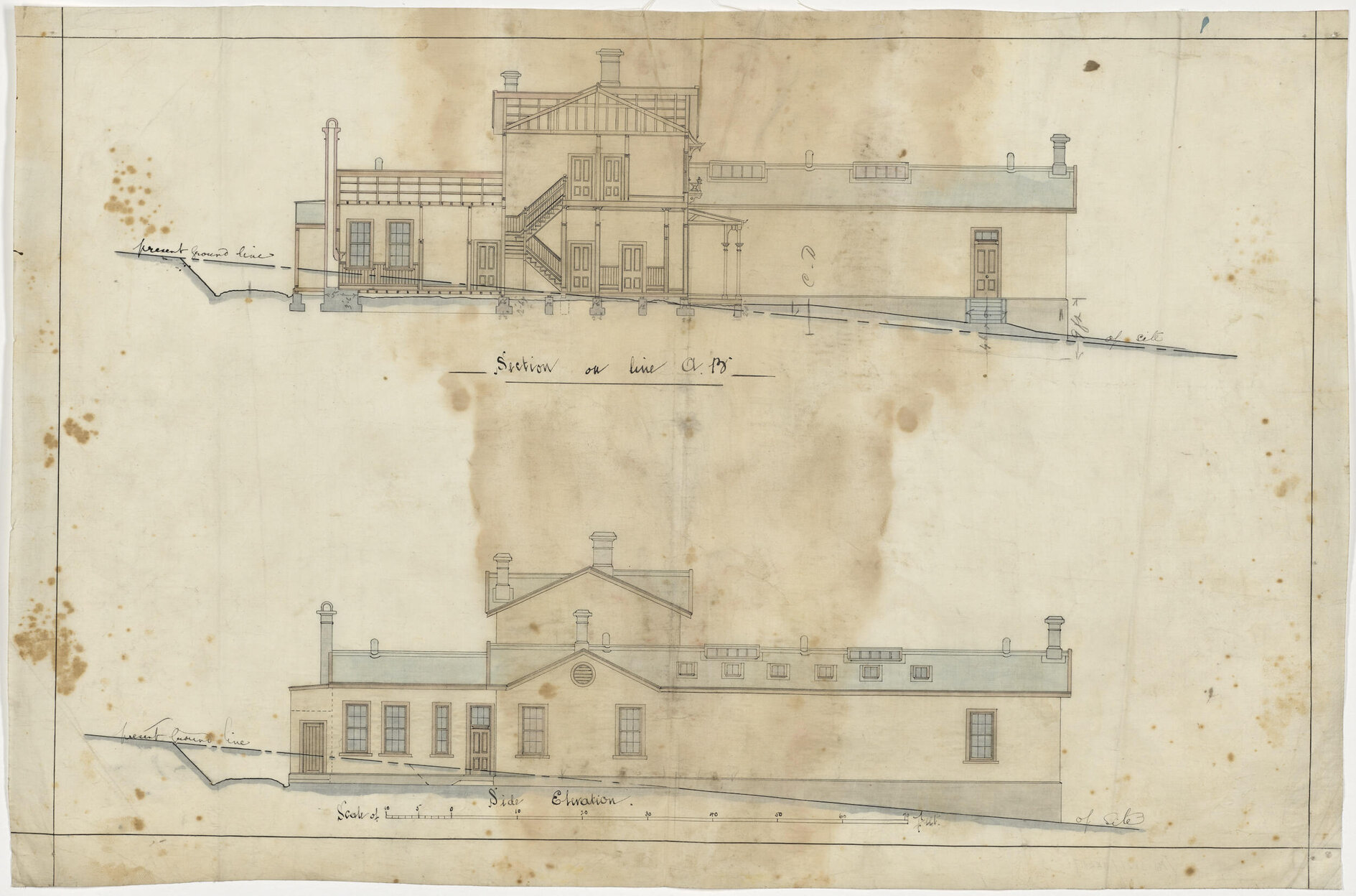 Side elevation and section plan for temporary asylum, Seacliff