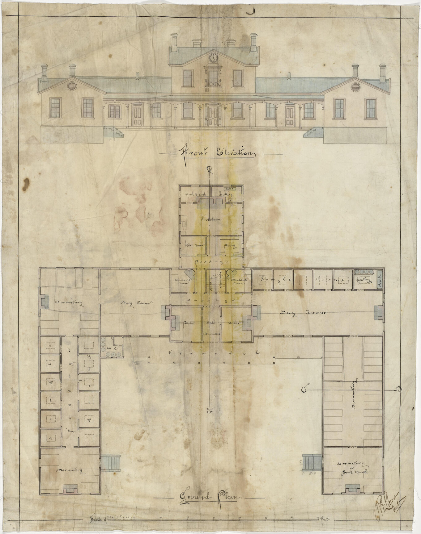 Front elevation and ground plan for temporary asylum, Seacliff