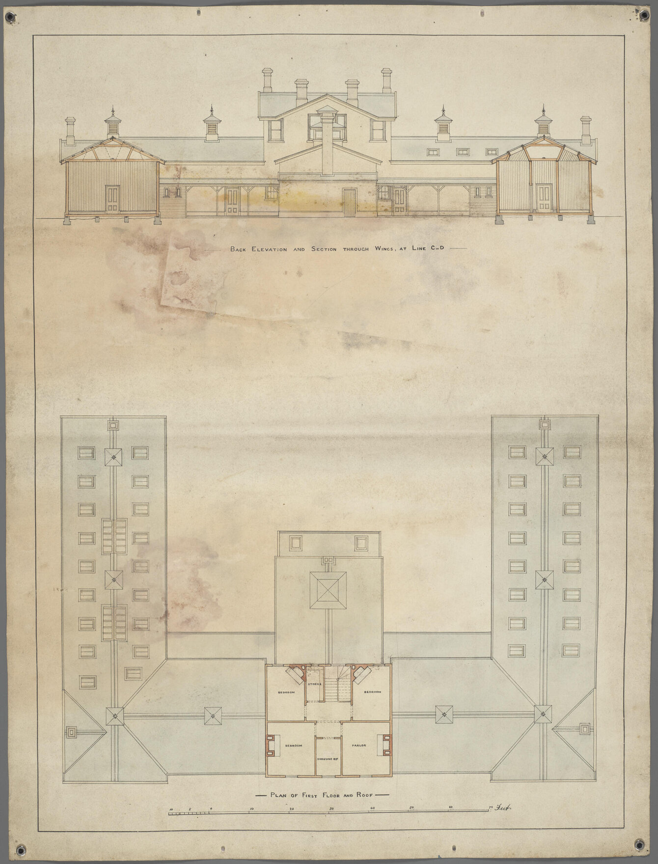 Back elevation, section, first floor and roof plan for temporary asylum, Seacliff