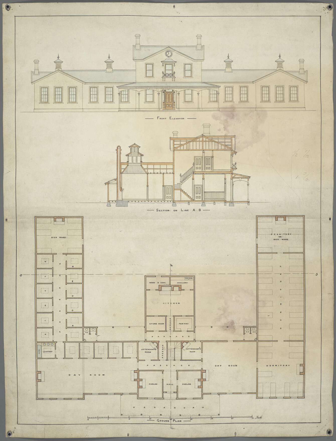 Front elevation, section, and ground plan for temporary asylum, Seacliff