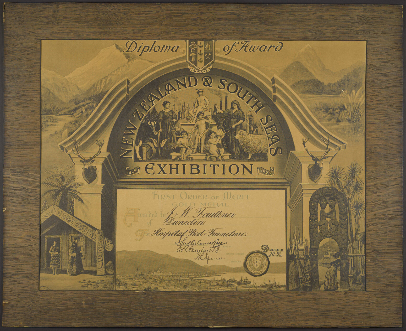 New Zealand and South Seas Exhibition certificate for gold medal award to J. &amp; W. Faulkner for hospital bed furniture