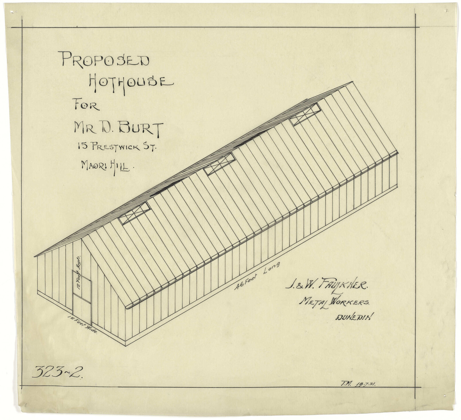 Proposed hot house for Mr D. Burt, 15 Prestwick St., Maori Hill
