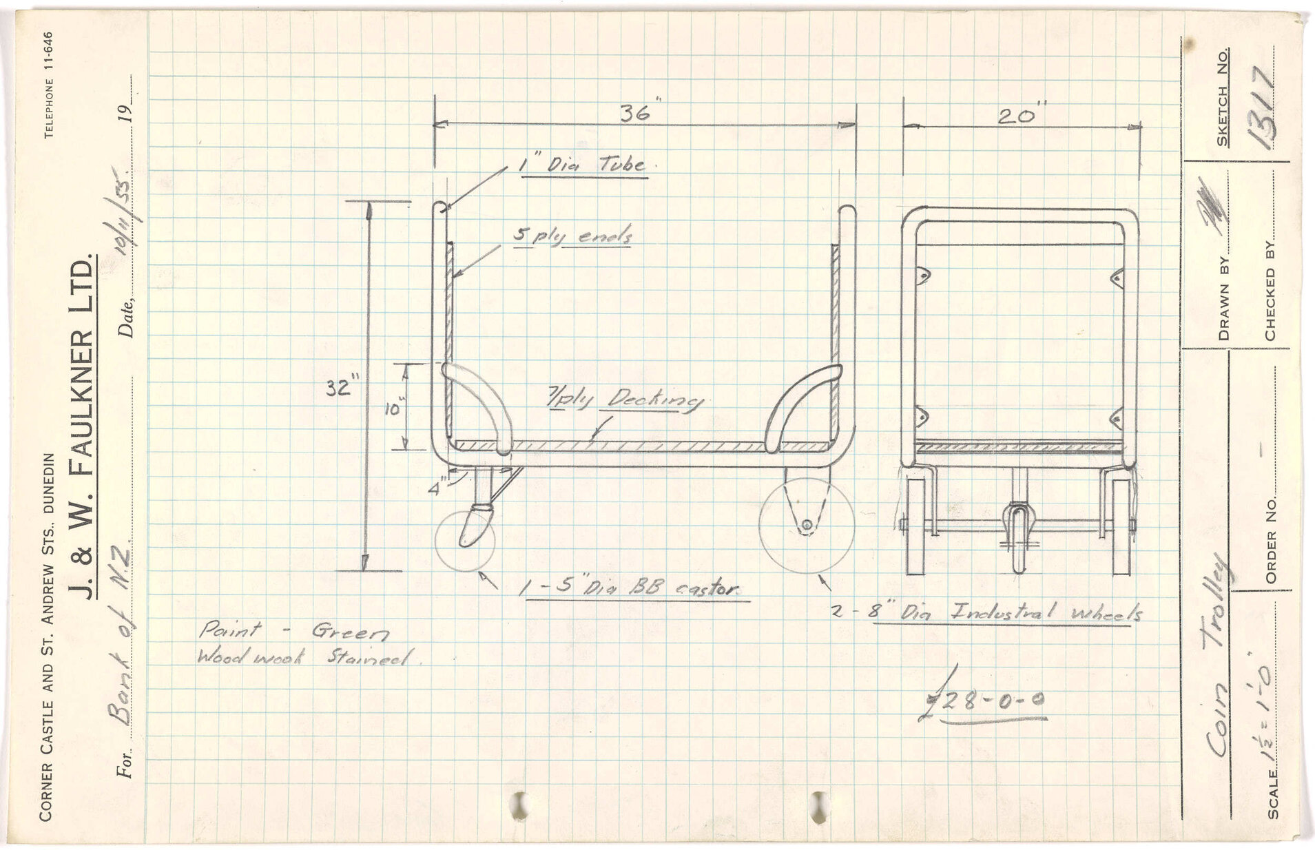 Sketch of coin trolley for Bank of New Zealand