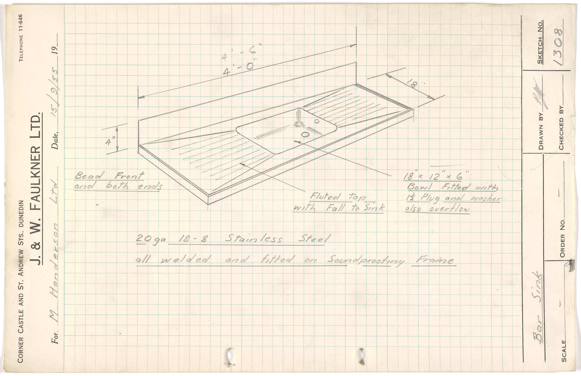 Sketch of bar sink for M. Henderson Ltd