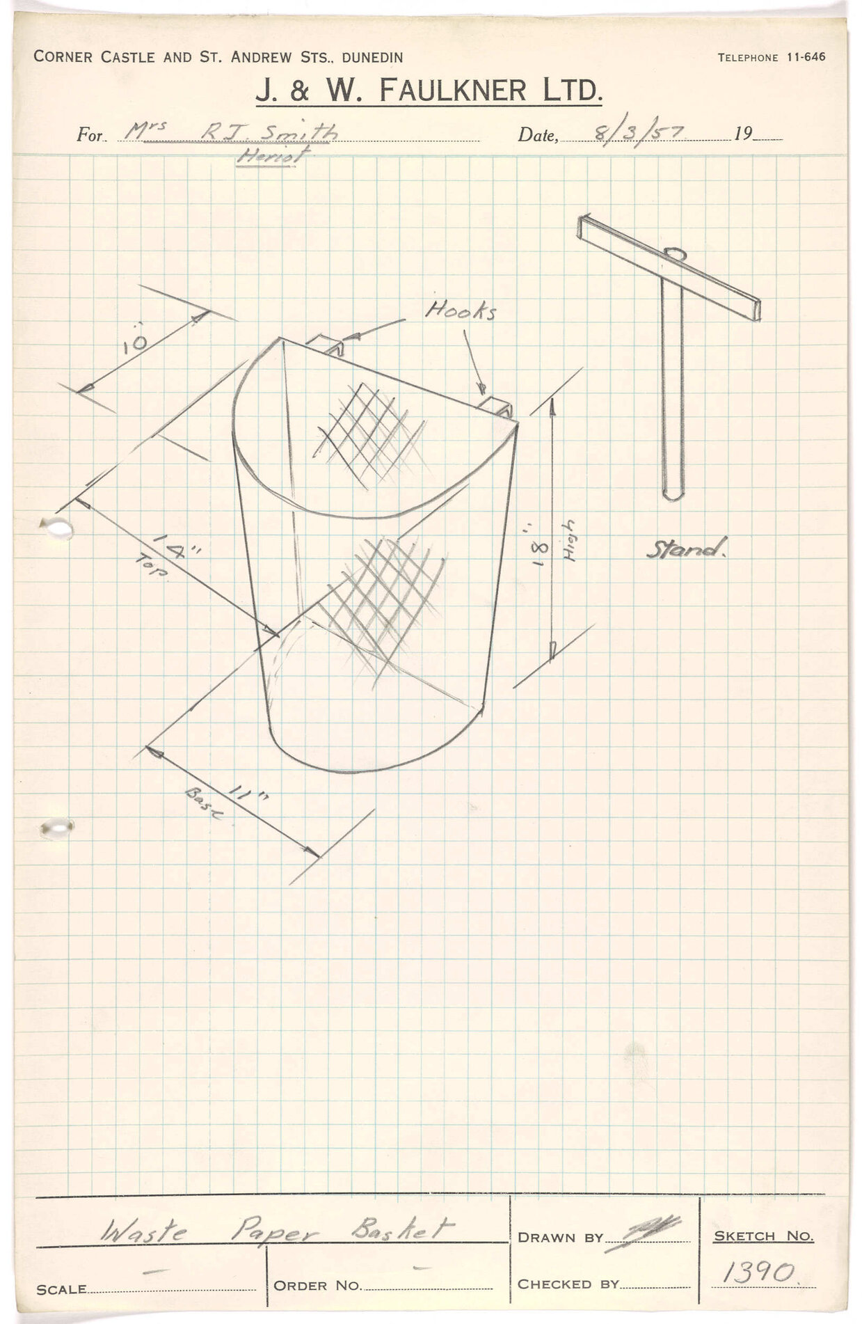 Sketch of waste paper basket for Mrs R.J. Smith, Heriot
