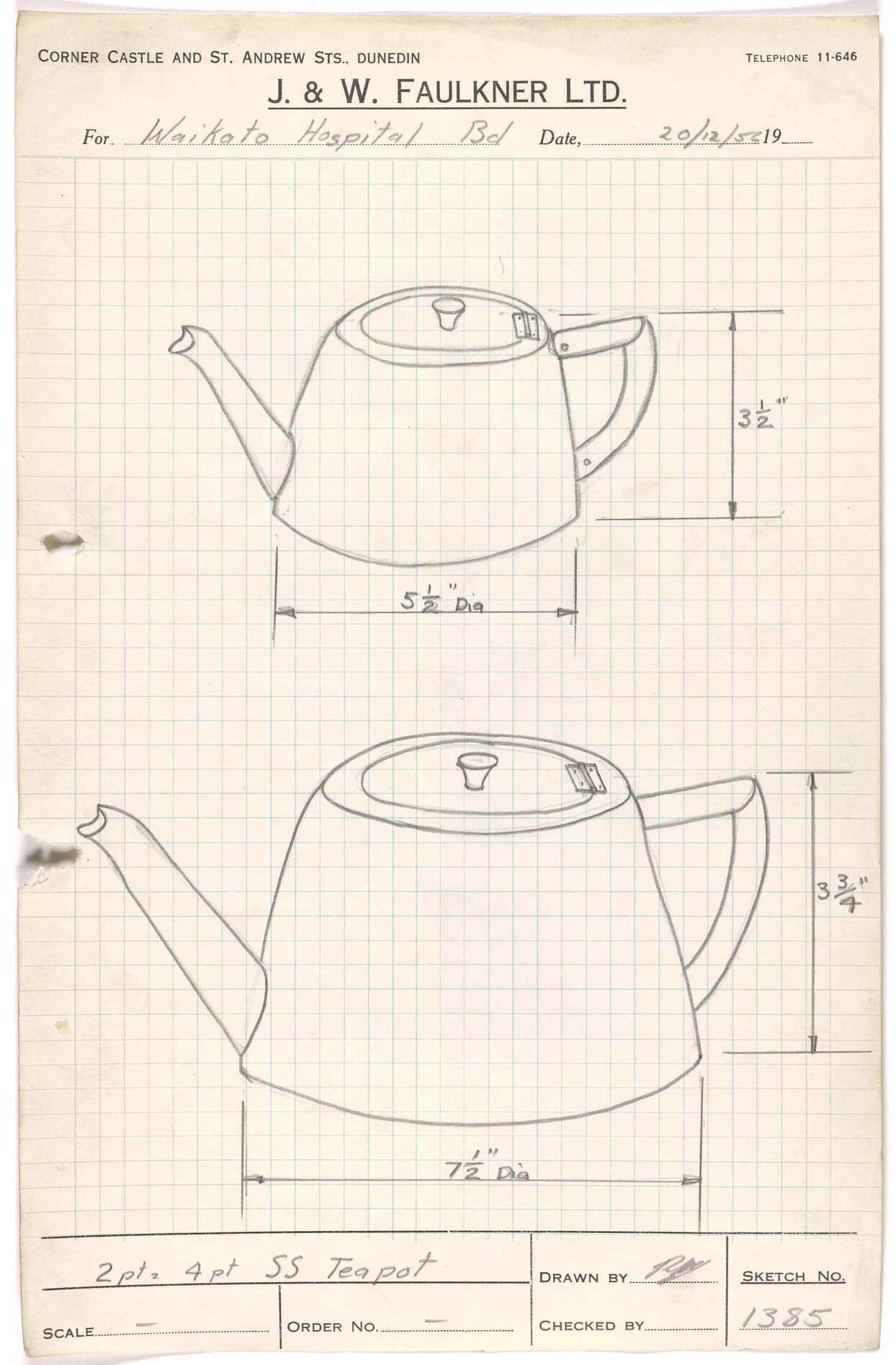 Sketch of stainless steel teapot for Waikato Hospital Board