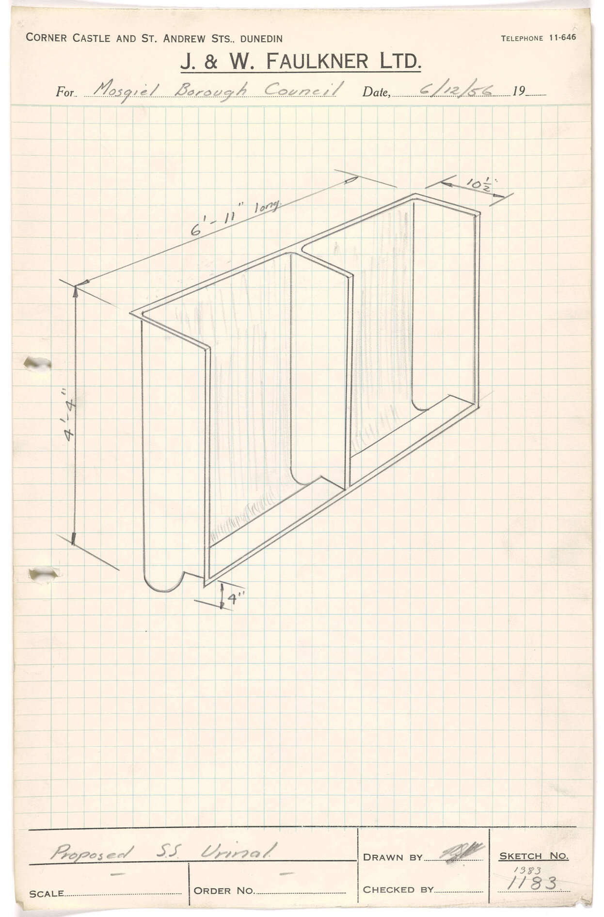 Sketch of proposed stainless steel urinal for Mosgiel Borough Council