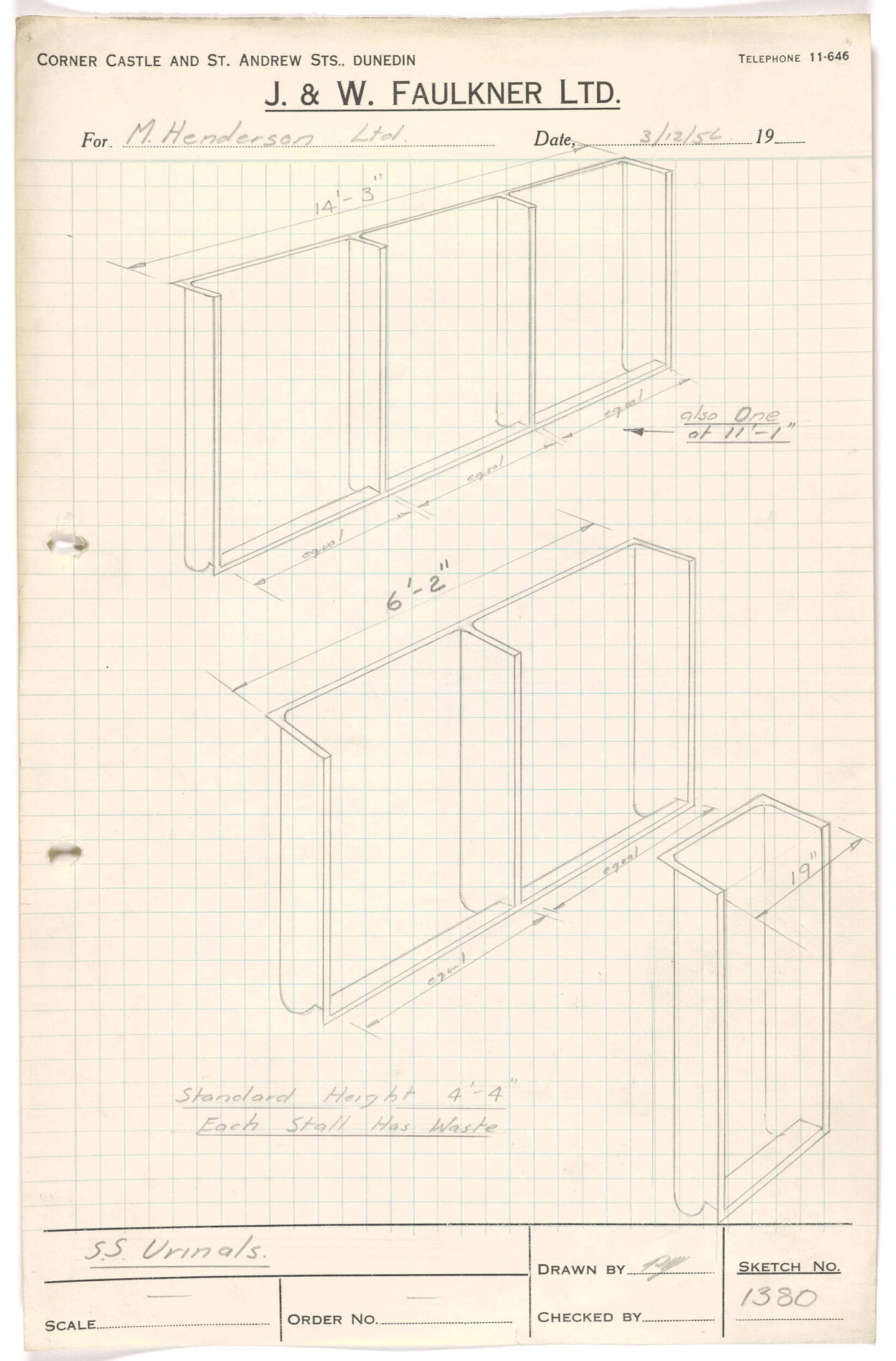 Sketch stainless steel urinals for M. Henderson Limited