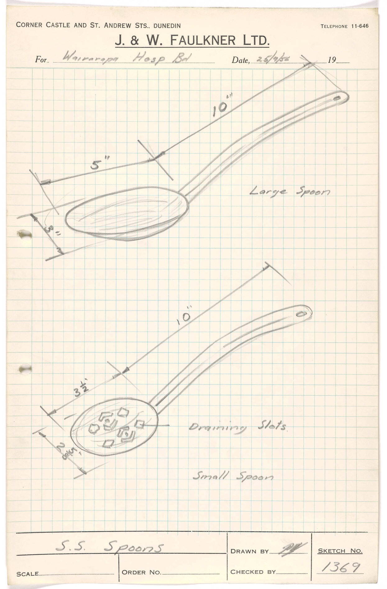 Sketch of stainless steel spoons for Wairarapa Hospital Board