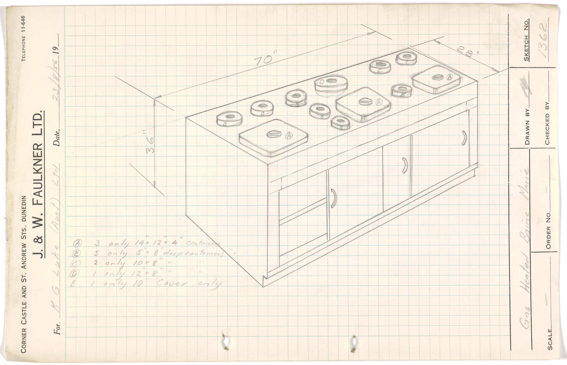 Sketch of gas heated baine marie for K.G. Luke (Aust) Ltd